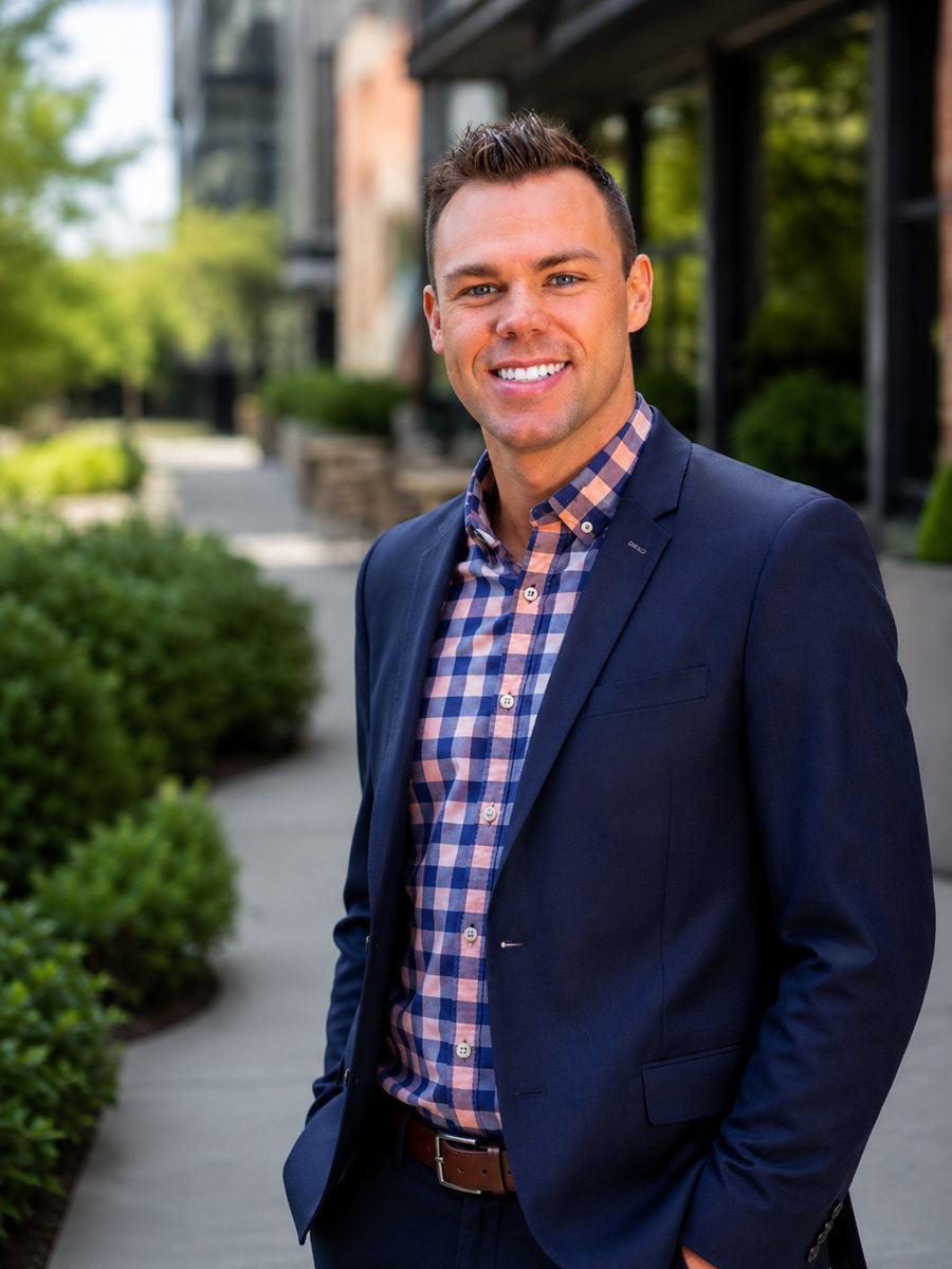 Andrew Schwantes, smiling, in a navy blazer and checked shirt