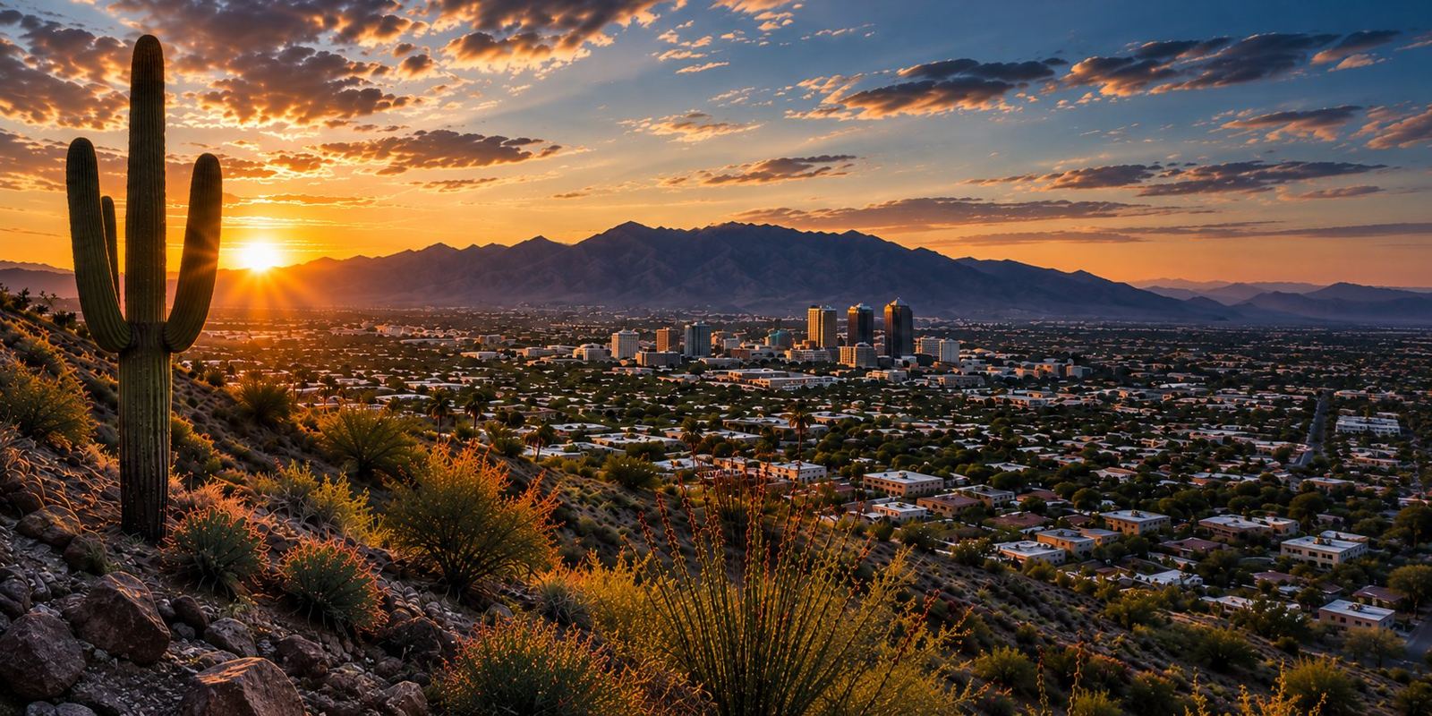 Sunset over Tucson, with a saguaro in the foreground and mountains behind the city